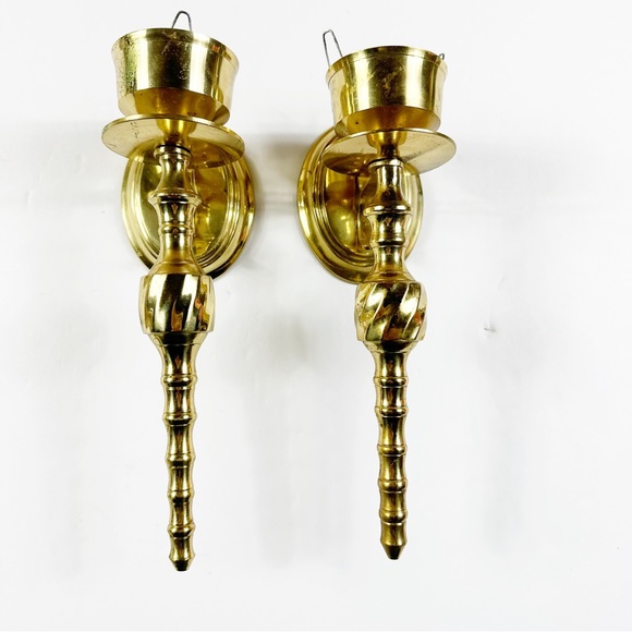 Vtg Solid Brass Wall Sconces Candleholders Hollywood Regency Style Pair - Picture 6 of 14